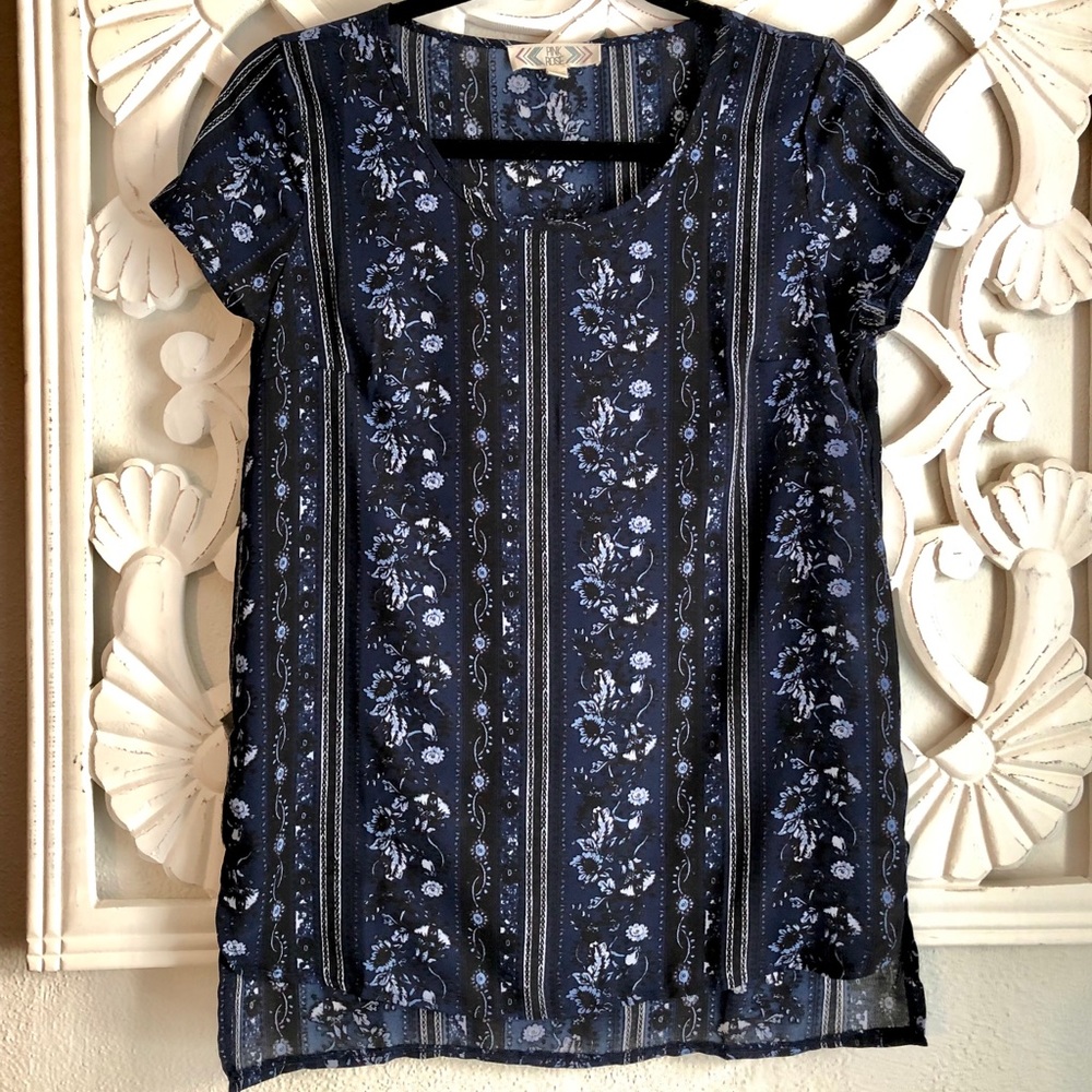 Pink Rose Blue Short Sleeve Floral Top